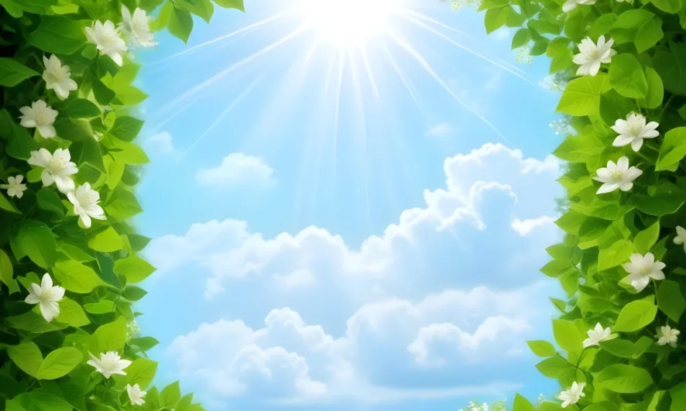 Digital Painting A Sunny Sky With Some Clouds And Green Leaves On The Borders Blue Light In The Center Light Blue Gradient Background Bold And Slim Lines Brush Strokes 8 4e7d