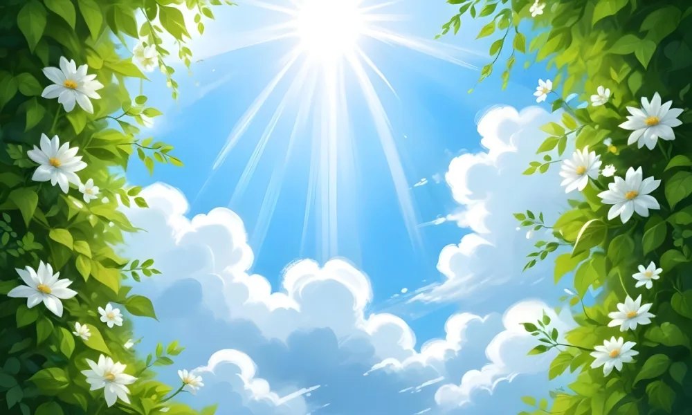 Digital Painting A Sunny Sky With Some Clouds And Green Leaves On The Borders Blue Light In The Center Light Blue Gradient Background Bold And Slim Lines Brush Strokes 9 4d3f