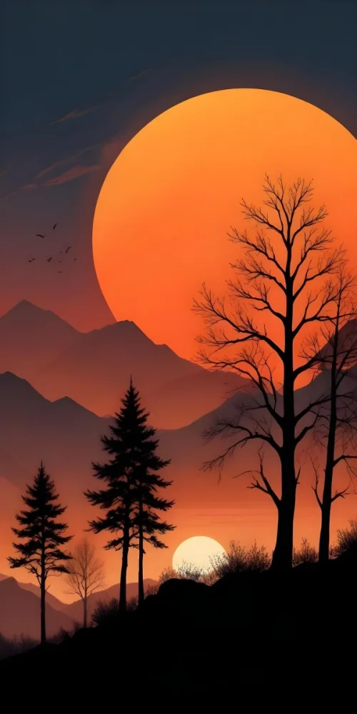 Digital Painting A Sunset Scene Featuring A Large Orange Sun Partially Obscured By Mountains In The Background Silhouetted Black Trees With Thin Branches Are In The Foreground Creating A Contrast Against The Warm Color 12 Eead