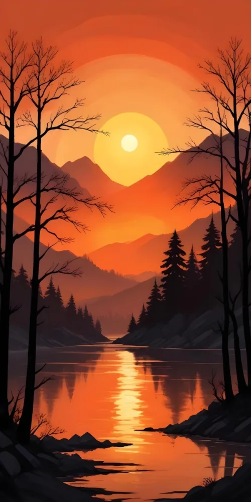 Digital Painting A Sunset Scene Featuring A Large Orange Sun Partially Obscured By Mountains In The Background Silhouetted Black Trees With Thin Branches Are In The Foreground Creating A Contrast Against The Warm Color 13 6be3