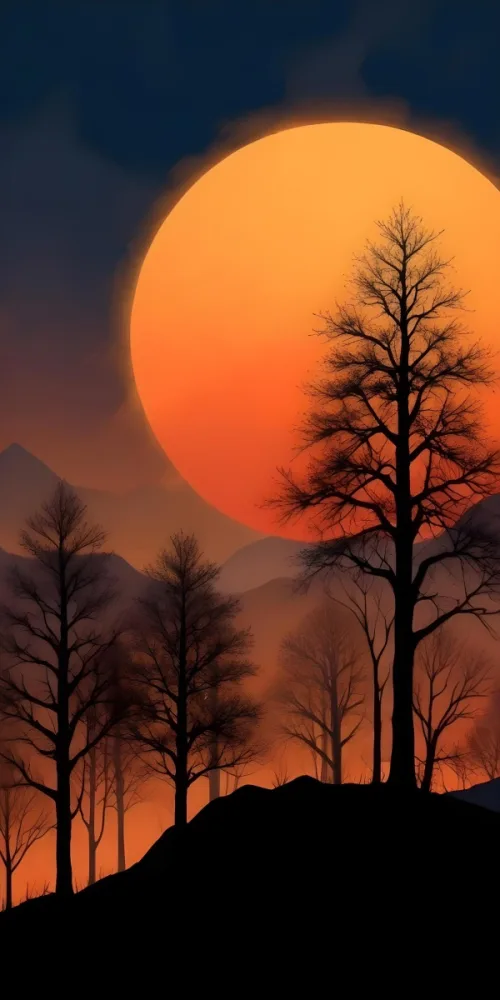 Digital Painting A Sunset Scene Featuring A Large Orange Sun Partially Obscured By Mountains In The Background Silhouetted Black Trees With Thin Branches Are In The Foreground Creating A Contrast Against The Warm Color 28 1571
