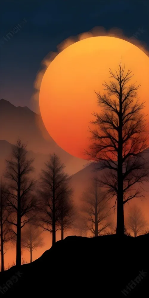 Digital Painting A Sunset Scene Featuring A Large Orange Sun Partially Obscured By Mountains In The Background Silhouetted Black Trees With Thin Branches Are In The Foreground Creating A Contrast Against The Warm Color 32 0350