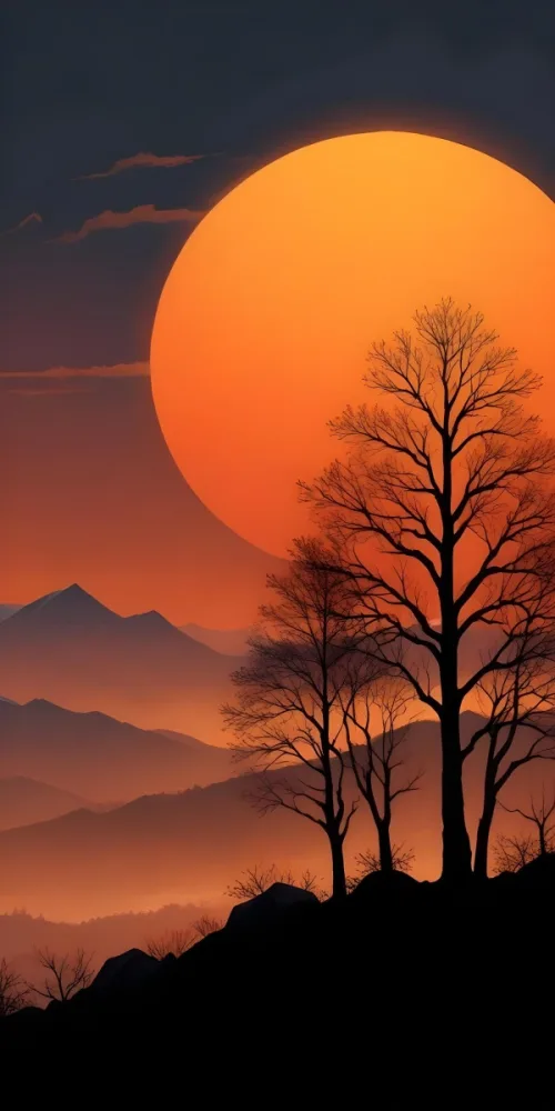 Digital Painting A Sunset Scene Featuring A Large Orange Sun Partially Obscured By Mountains In The Background Silhouetted Black Trees With Thin Branches Are In The Foreground Creating A Contrast Against The Warm Color 4 F28e