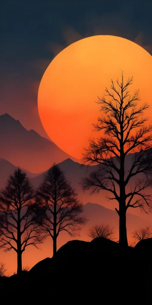 Digital Painting A Sunset Scene Featuring A Large Orange Sun Partially Obscured By Mountains In The Background Silhouetted Black Trees With Thin Branches Are In The Foreground Creating A Contrast Against The Warm Color 5 9fb0