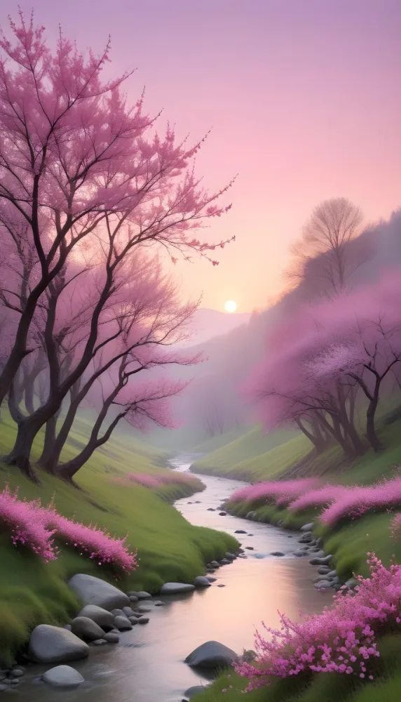Digital Painting A Tranquil Landscape Featuring Trees With Pink Blossoms Soft Hills And A Winding Stream The Background Has A Pastel Color Palette With Shades Of Pink Purple And Light Green Illuminated By A Sof 23 3ab5
