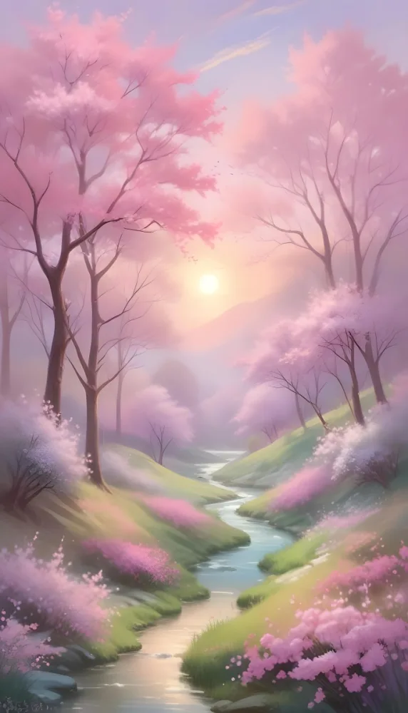 Digital Painting A Tranquil Landscape Featuring Trees With Pink Blossoms Soft Hills And A Winding Stream The Background Has A Pastel Color Palette With Shades Of Pink Purple And Light Green Illuminated By A Sof 31 A093