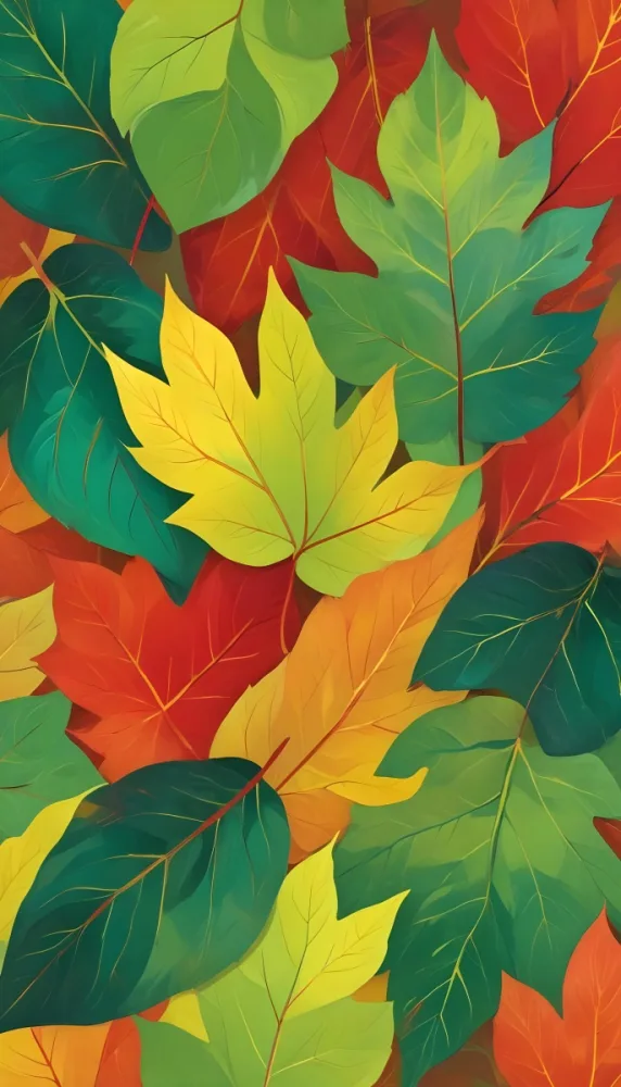 Digital Painting A Variety Of Leaves In Different Shades Of Green Yellow And Red Arranged Closely Together On A Colorful Background The Leaves Have A Glossy Texture And Prominent Veins Showcasing A Vibrant And Col 48 A361
