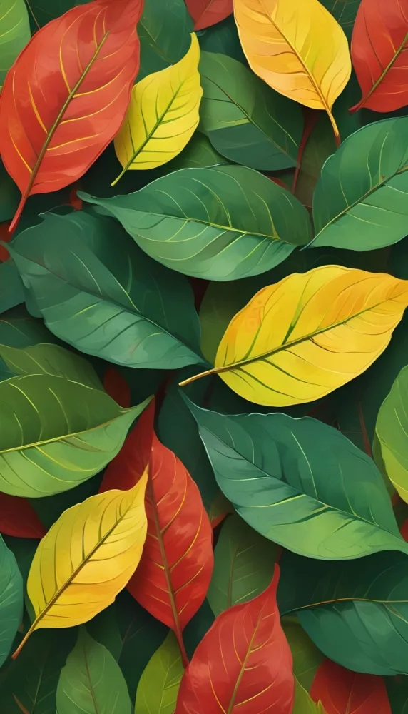 Digital Painting A Variety Of Leaves In Different Shades Of Green Yellow And Red Arranged Closely Together On A Colorful Background The Leaves Have A Glossy Texture And Prominent Veins Showcasing A Vibrant And Col 8 C598