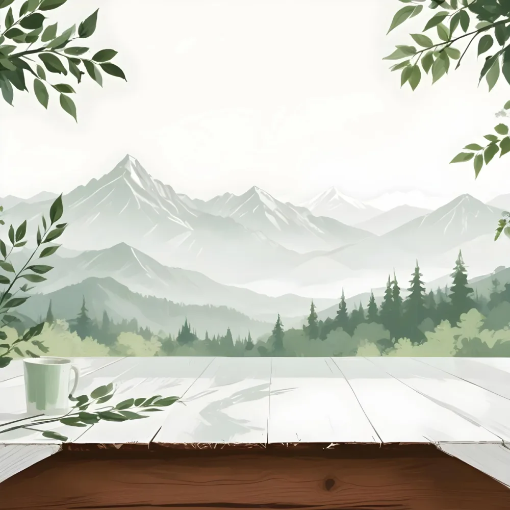 Digital Painting A Wooden Table With Green Leaves And A Landscape With Mountains And Trees In The Background Light Green And White Color Palette Bold And Slim Lines Brush Strokes 3 Dfb8