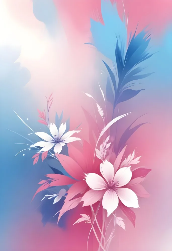 Digital Painting Abstract Background With A Gradient Of Pink Blue And White With Floral Elements At The Bottom Bold And Slim Lines Brush Strokes 21 947d