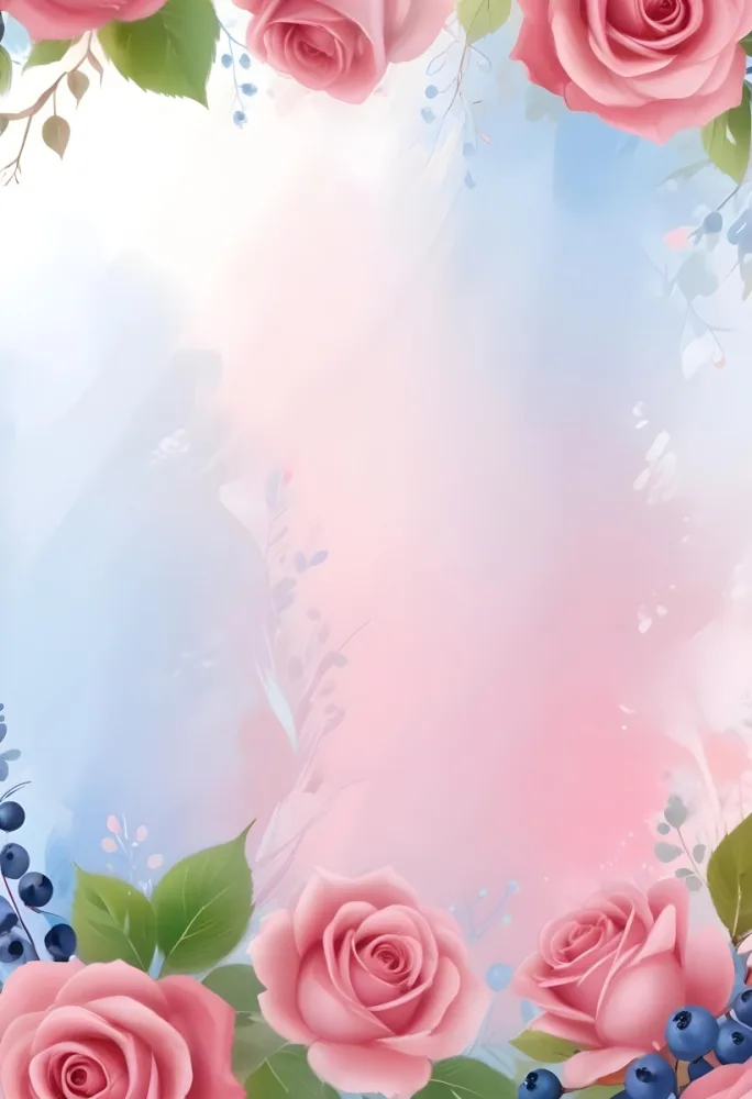 Digital Painting Abstract Floral Background With Pink Roses And Blue Berries Soft Pastel Colors Elegant Design Decorative Pattern Romantic Theme Spring Season Delicate Details Light And Airy Bold And Slim Lines 9 642a