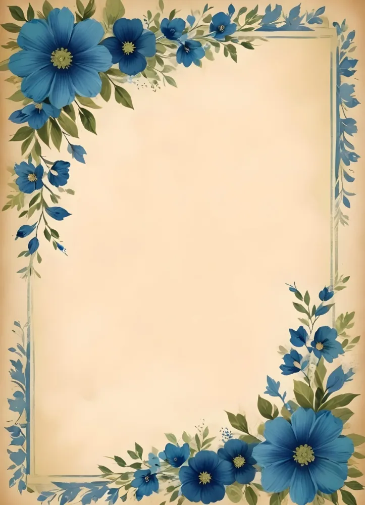 Digital Painting Beige Paper With Blue Flowers And Green Leaves In The Corners And Sides Vintage Style Aged Paper Texture Floral Border Elegant Design Decorative Frame Bold And Slim Lines Brush Strokes 16 C282