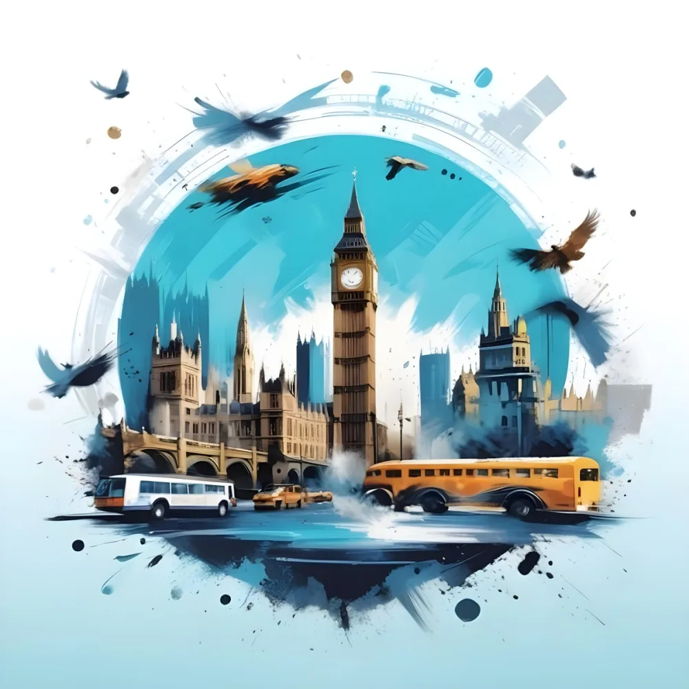 Digital Painting Big Ben And Other Monuments With A Blue Background Bold And Slim Lines Brush Strokes 5 D664
