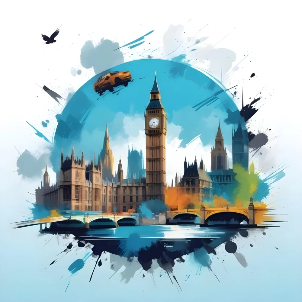 Digital Painting Big Ben And Other Monuments With A Blue Background Bold And Slim Lines Brush Strokes 7 55dd