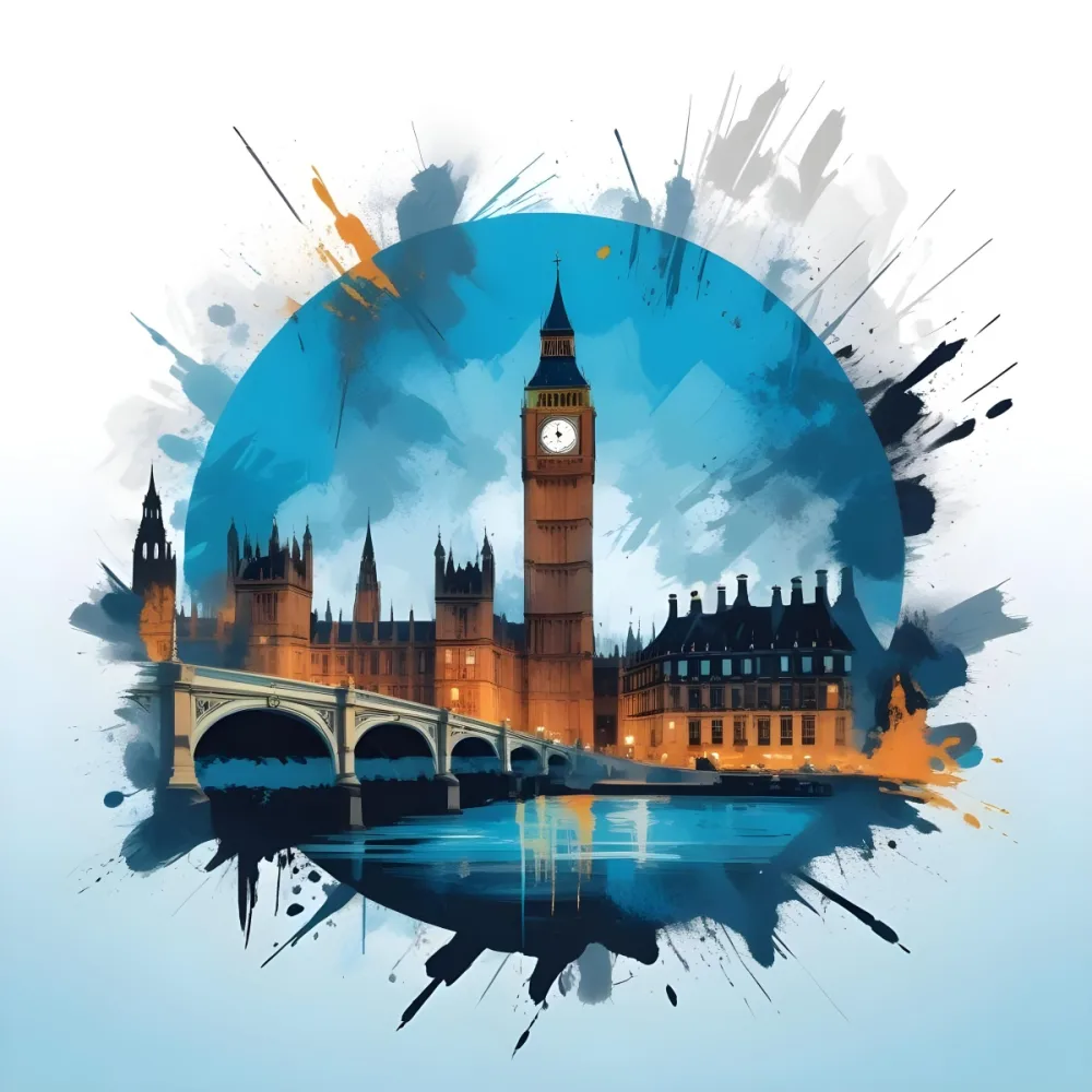 Digital Painting Big Ben And Other Monuments With A Blue Background Bold And Slim Lines Brush Strokes 8 Fc40