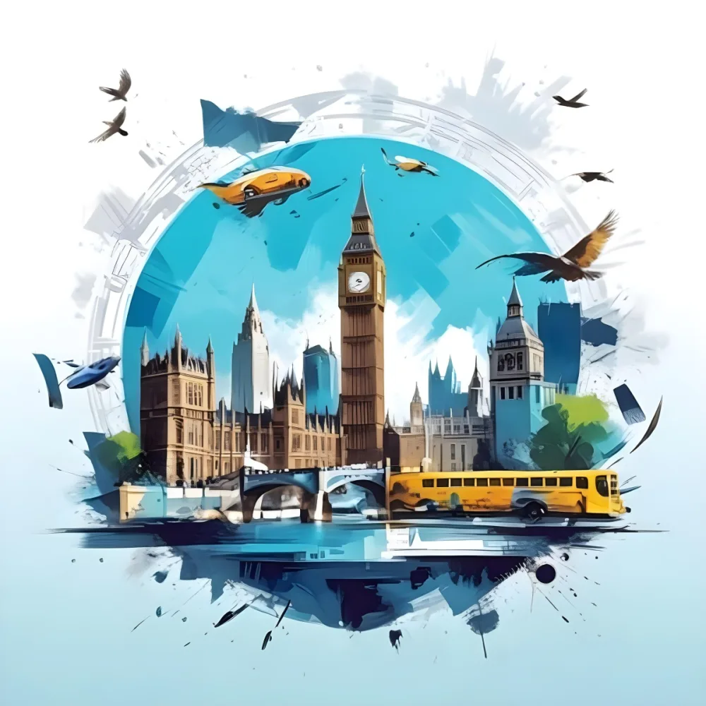 Digital Painting Big Ben And Other Monuments With A Blue Background Bold And Slim Lines Brush Strokes 9 C1b3