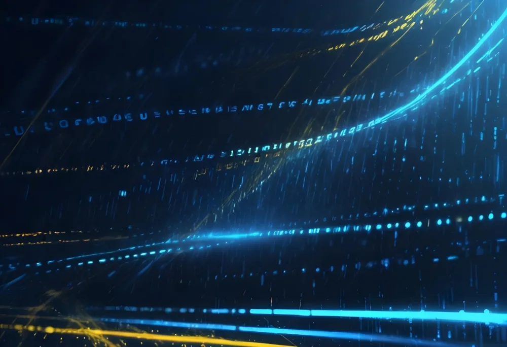 Digital Painting Binary Code With Blue And Yellow Light Trails Futuristic Background With Glowing Dots Futuristic Technology Concept Data Stream Visualization Abstract Digital Art Bold And Slim Lines Brush Strokes 12 Ec33