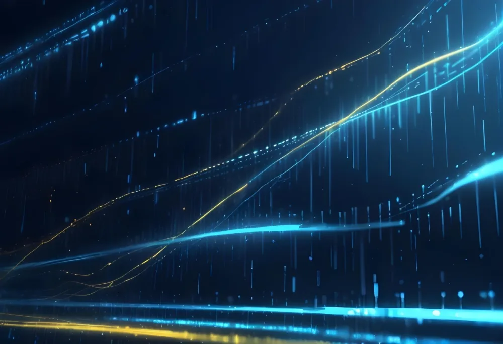 Digital Painting Binary Code With Blue And Yellow Light Trails Futuristic Background With Glowing Dots Futuristic Technology Concept Data Stream Visualization Abstract Digital Art Bold And Slim Lines Brush Strokes 13 0d45