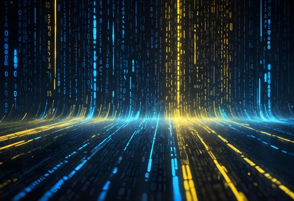 Digital Painting Binary Code With Blue And Yellow Light Trails Futuristic Background With Glowing Dots Futuristic Technology Concept Data Stream Visualization Abstract Digital Art Bold And Slim Lines Brush Strokes 15 76c8