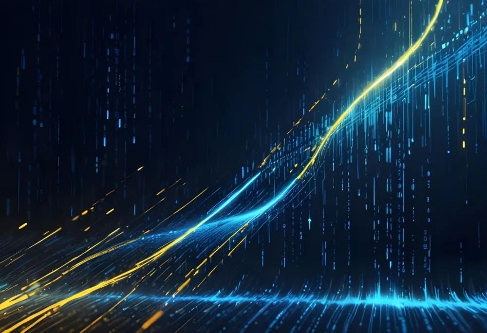 Digital Painting Binary Code With Blue And Yellow Light Trails Futuristic Background With Glowing Dots Futuristic Technology Concept Data Stream Visualization Abstract Digital Art Bold And Slim Lines Brush Strokes 5 619c