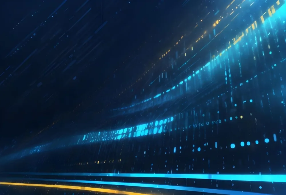 Digital Painting Binary Code With Blue And Yellow Light Trails Futuristic Background With Glowing Dots Futuristic Technology Concept Data Stream Visualization Abstract Digital Art Bold And Slim Lines Brush Strokes 6 9638