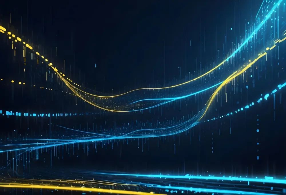 Digital Painting Binary Code With Blue And Yellow Light Trails Futuristic Background With Glowing Dots Futuristic Technology Concept Data Stream Visualization Abstract Digital Art Bold And Slim Lines Brush Strokes 7 Dcfb