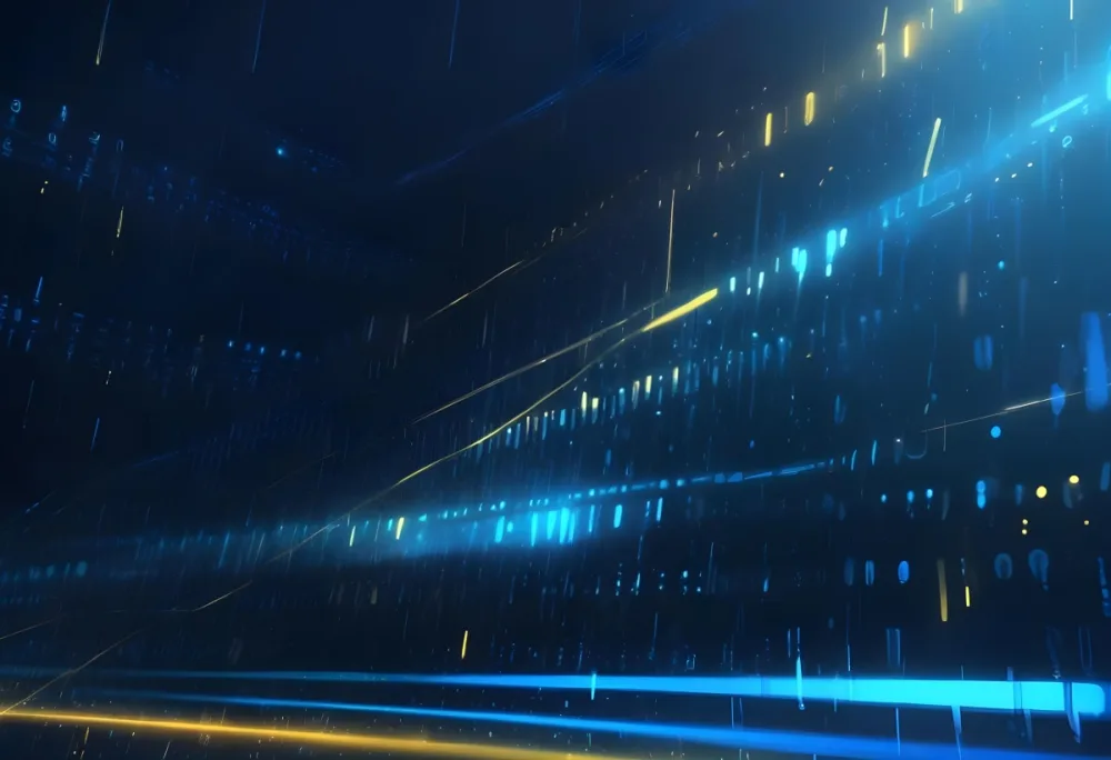 Digital Painting Binary Code With Blue And Yellow Light Trails Futuristic Background With Glowing Dots Futuristic Technology Concept Data Stream Visualization Abstract Digital Art Bold And Slim Lines Brush Strokes 8 558f