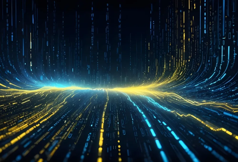 Digital Painting Binary Code With Blue And Yellow Light Trails Futuristic Background With Glowing Dots Futuristic Technology Concept Data Stream Visualization Abstract Digital Art Bold And Slim Lines Brush Strokes 9 4fec