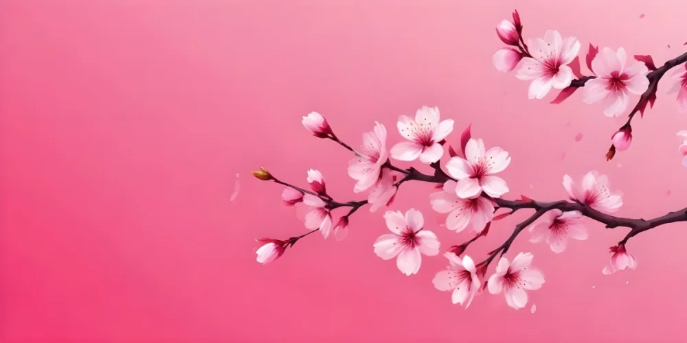 Digital Painting Cherry Blossom Branch With Pink Flowers And Falling Petals On A Vibrant Pink Gradient Background Soft Lighting Minimalist Composition Japanese Aesthetic Spring Season Bold And Slim Lines Brush Str 16 0a38
