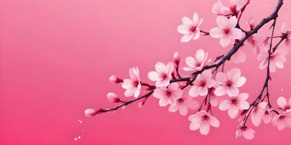 Digital Painting Cherry Blossom Branch With Pink Flowers And Falling Petals On A Vibrant Pink Gradient Background Soft Lighting Minimalist Composition Japanese Aesthetic Spring Season Bold And Slim Lines Brush Str 72 9b41