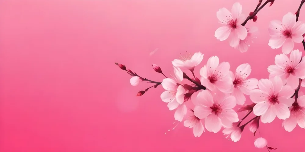 Digital Painting Cherry Blossom Branch With Pink Flowers And Falling Petals On A Vibrant Pink Gradient Background Soft Lighting Minimalist Composition Japanese Aesthetic Spring Season Bold And Slim Lines Brush Str 73 9c7f