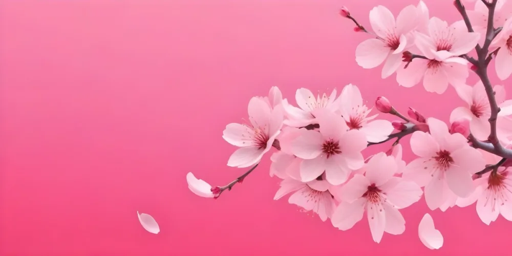 Digital Painting Cherry Blossom Branch With Pink Flowers And Falling Petals On A Vibrant Pink Gradient Background Soft Lighting Minimalist Composition Japanese Aesthetic Spring Season Bold And Slim Lines Brush Str 8 0a19