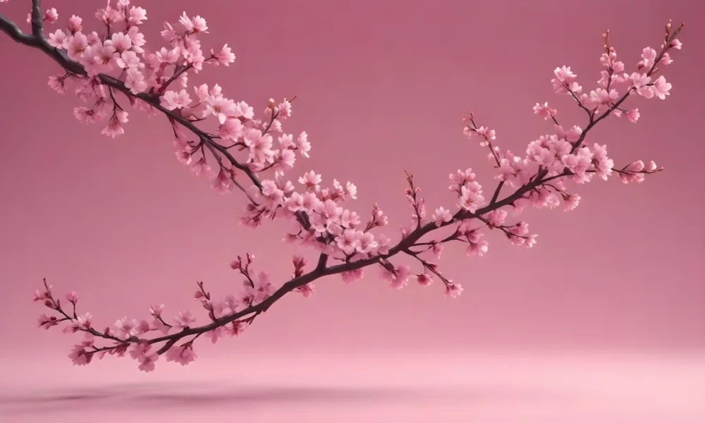 Digital Painting Cherry Blossom Branch With Pink Flowers And Petals Falling In A Gradient Pink Background Spring Season Floral Design Nature Illustration Bold And Slim Lines Brush Strokes 1 0340