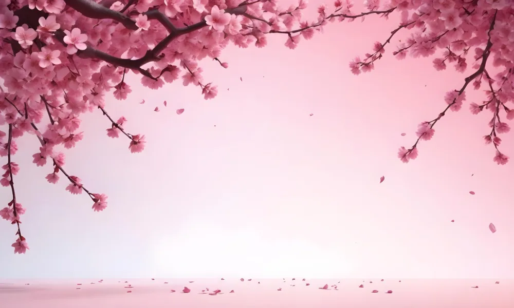 Digital Painting Cherry Blossom Branch With Pink Flowers And Petals Falling In A Gradient Pink Background Spring Season Floral Design Nature Illustration Bold And Slim Lines Brush Strokes 25 3370