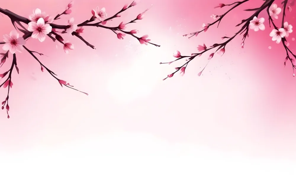 Digital Painting Cherry Blossom Branch With Pink Flowers And Petals Falling In A Gradient Pink Background Spring Season Floral Design Nature Illustration Bold And Slim Lines Brush Strokes 36 6806