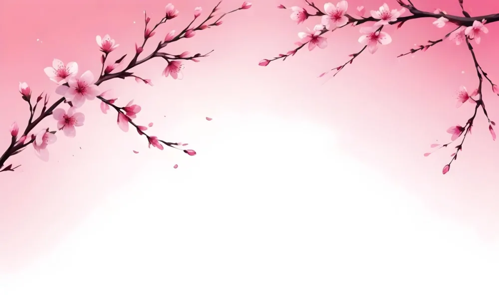 Digital Painting Cherry Blossom Branch With Pink Flowers And Petals Falling In A Gradient Pink Background Spring Season Floral Design Nature Illustration Bold And Slim Lines Brush Strokes 4 7489