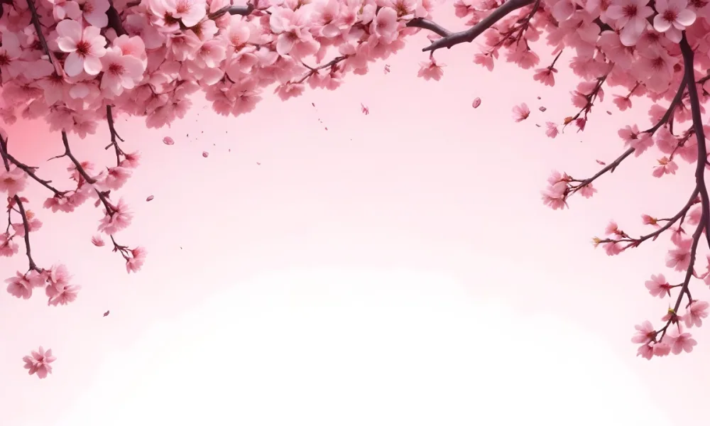 Digital Painting Cherry Blossom Branch With Pink Flowers And Petals Falling In A Gradient Pink Background Spring Season Floral Design Nature Illustration Bold And Slim Lines Brush Strokes 48 Eb00