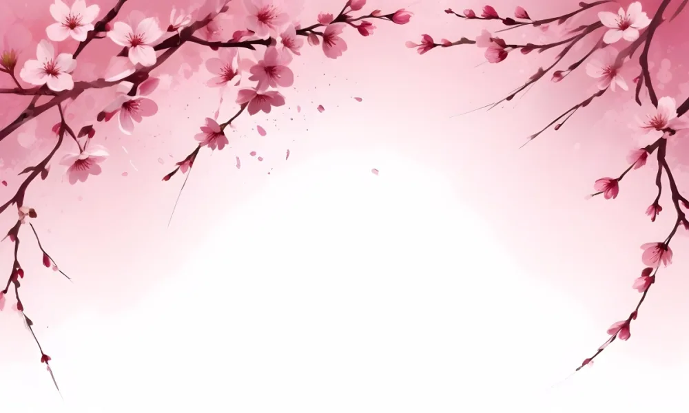 Digital Painting Cherry Blossom Branch With Pink Flowers And Petals Falling In A Gradient Pink Background Spring Season Floral Design Nature Illustration Bold And Slim Lines Brush Strokes 51 E464