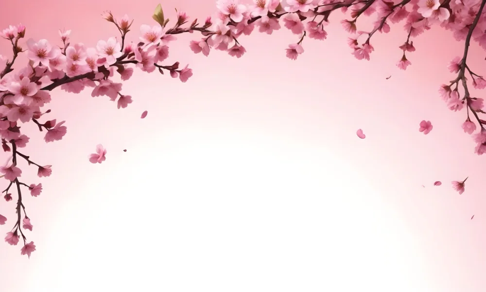 Digital Painting Cherry Blossom Branch With Pink Flowers And Petals Falling In A Gradient Pink Background Spring Season Floral Design Nature Illustration Bold And Slim Lines Brush Strokes 7 8b4a