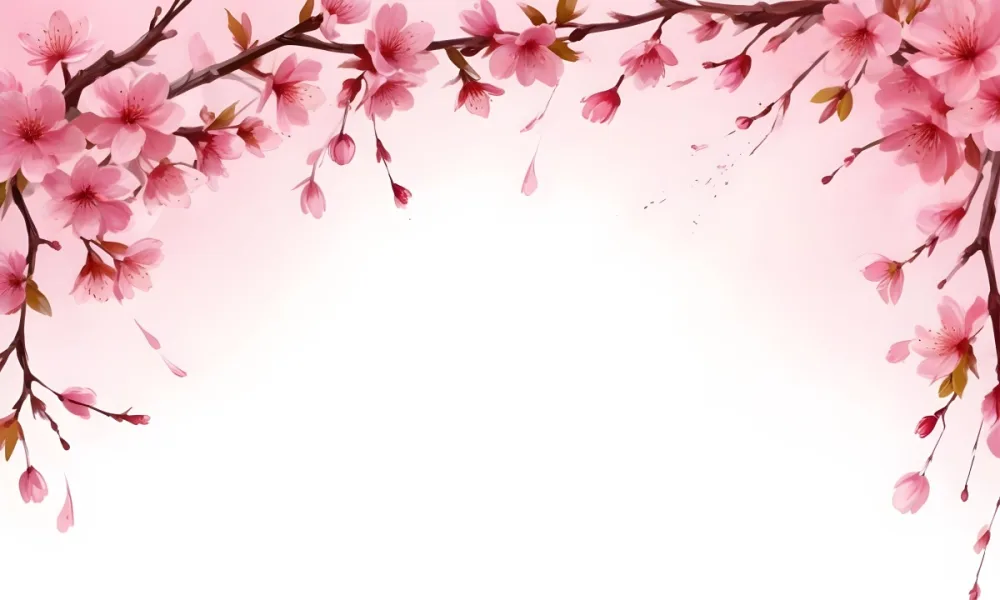 Digital Painting Cherry Blossom Branch With Pink Flowers And Petals Falling In A Gradient Pink Background Spring Season Floral Design Nature Illustration Bold And Slim Lines Brush Strokes 74 0bf9
