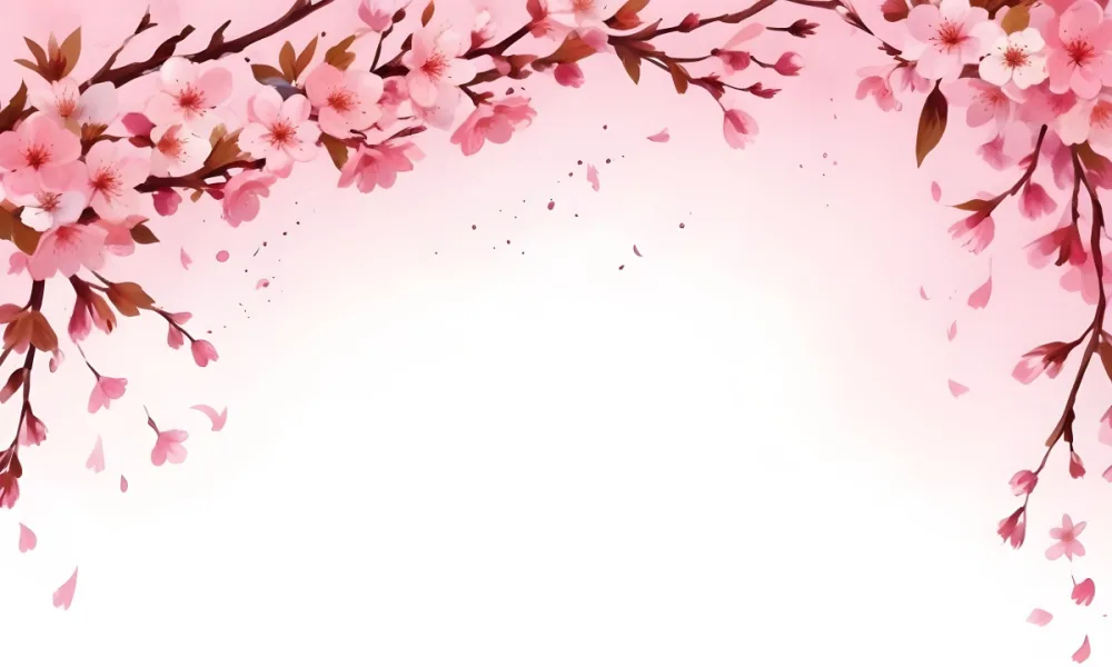 Digital Painting Cherry Blossom Branch With Pink Flowers And Petals Falling In A Gradient Pink Background Spring Season Floral Design Nature Illustration Bold And Slim Lines Brush Strokes 76 4af2