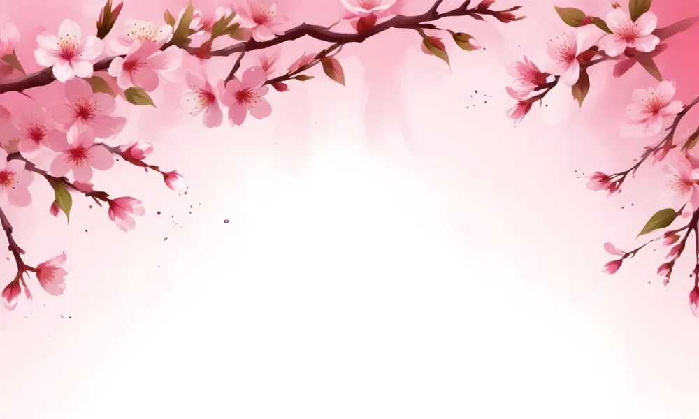 Digital Painting Cherry Blossom Branch With Pink Flowers And Petals Falling In A Gradient Pink Background Spring Season Floral Design Nature Illustration Bold And Slim Lines Brush Strokes 77 49da