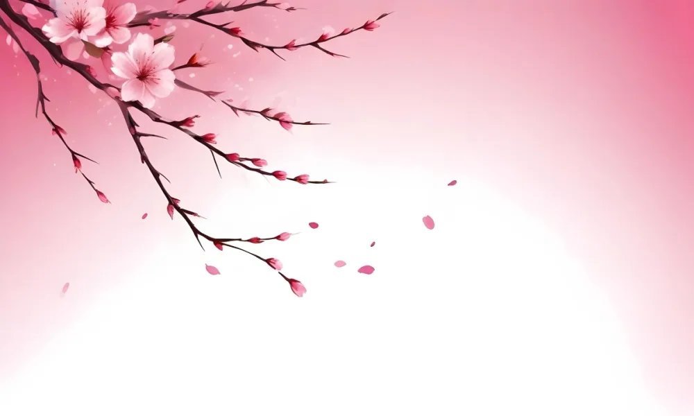 Digital Painting Cherry Blossom Branch With Pink Flowers And Petals Falling In A Gradient Pink Background Spring Season Floral Design Nature Illustration Bold And Slim Lines Brush Strokes 8 6d98