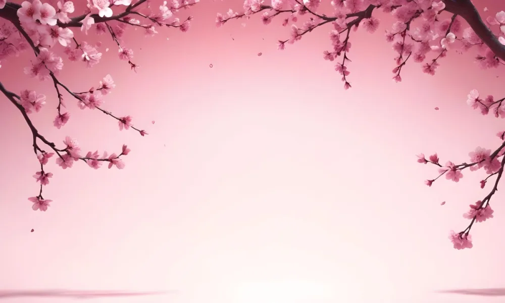 Digital Painting Cherry Blossom Branch With Pink Flowers And Petals Falling In A Gradient Pink Background Spring Season Floral Design Nature Illustration Bold And Slim Lines Brush Strokes 9 9725