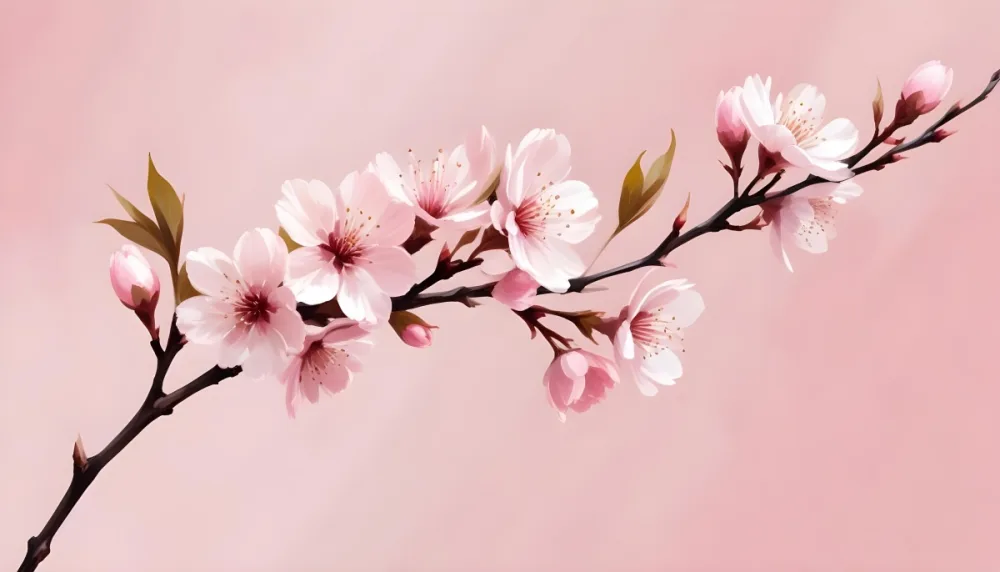 Digital Painting Cherry Blossom Branch With Pink Flowers Soft Pink Background Delicate Floral Arrangement Minimalist Design Elegant Spring Theme Pastel Colors Floral Border Botanical Illustration Romantic 21 Aefe