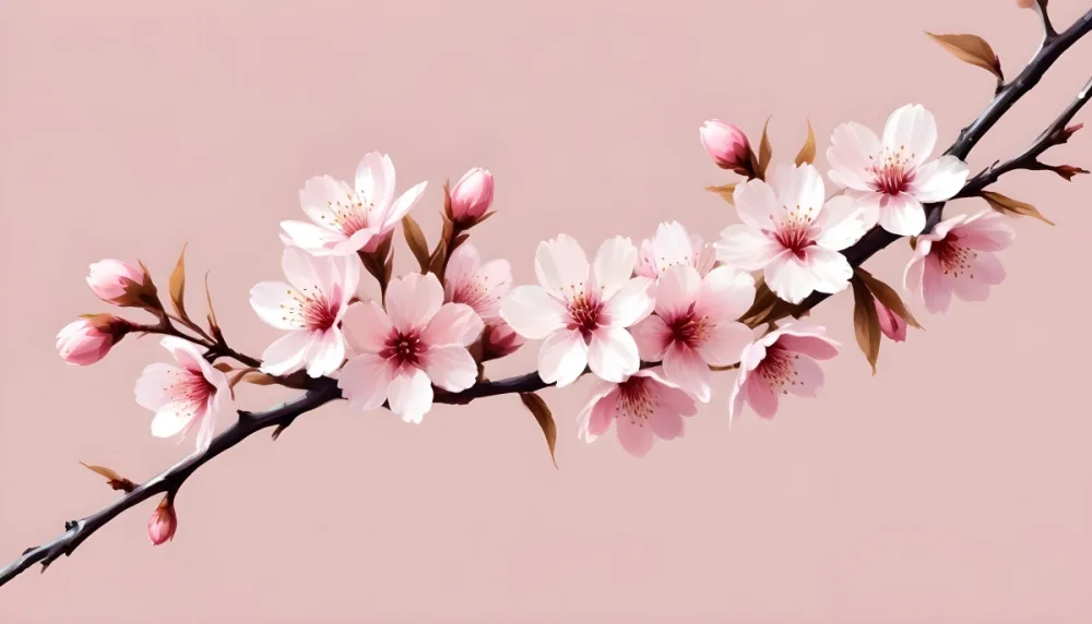 Digital Painting Cherry Blossom Branch With Pink Flowers Soft Pink Background Delicate Floral Arrangement Minimalist Design Elegant Spring Theme Pastel Colors Floral Border Botanical Illustration Romantic 22 0e35