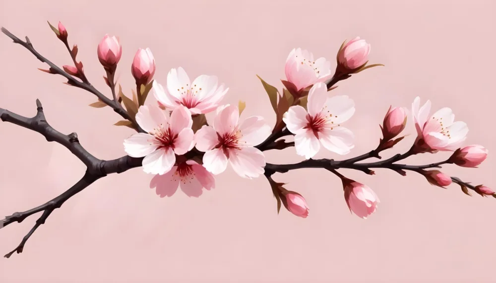 Digital Painting Cherry Blossom Branch With Pink Flowers Soft Pink Background Delicate Floral Arrangement Minimalist Design Elegant Spring Theme Pastel Colors Floral Border Botanical Illustration Romantic 4 A5bb