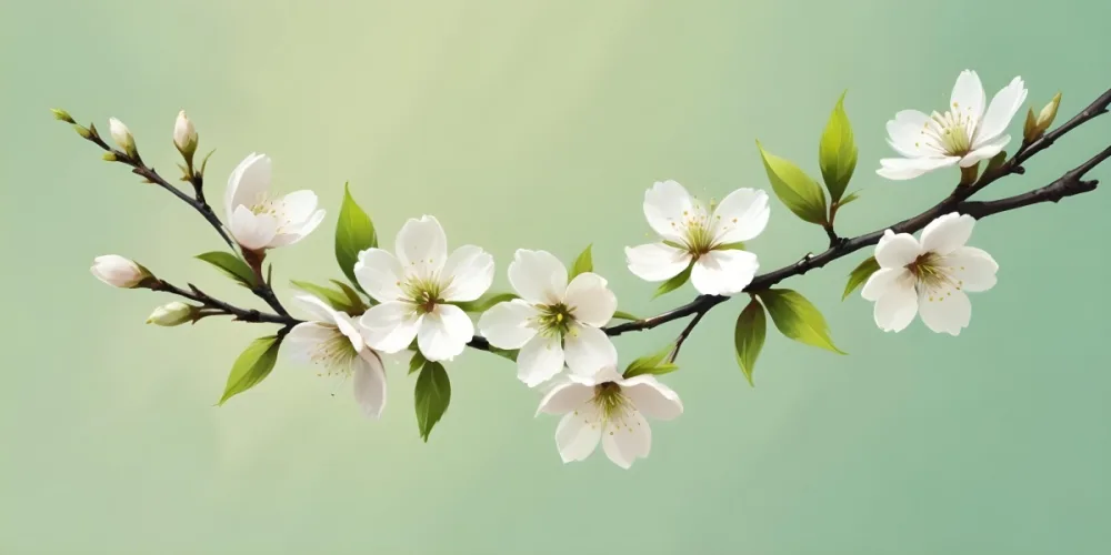 Digital Painting Cherry Blossom Branch With White Flowers And Green Buds Isolated On A Pastel Background Soft Lighting Minimalist Style Clean Lines Pastel Colors Bold And Slim Lines Brush Strokes 24 Fc3a