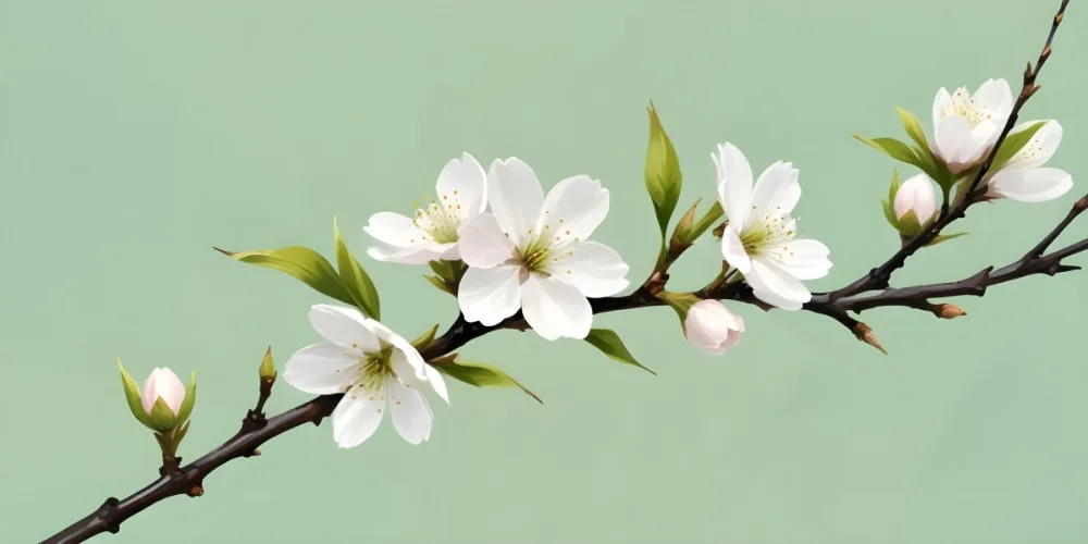 Digital Painting Cherry Blossom Branch With White Flowers And Green Buds Isolated On A Pastel Background Soft Lighting Minimalist Style Clean Lines Pastel Colors Bold And Slim Lines Brush Strokes 28 92d7