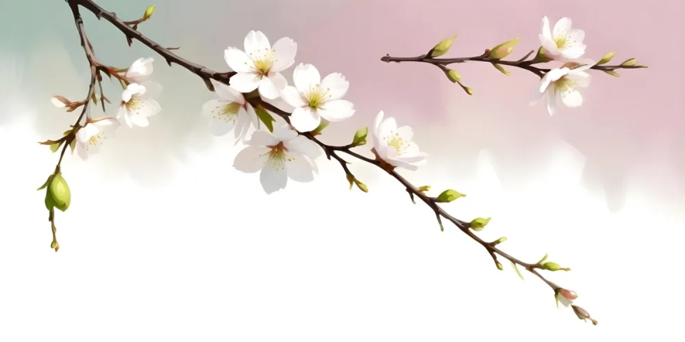 Digital Painting Cherry Blossom Branch With White Flowers And Green Buds Isolated On A Pastel Background Soft Lighting Minimalist Style Clean Lines Pastel Colors Bold And Slim Lines Brush Strokes 29 88d7
